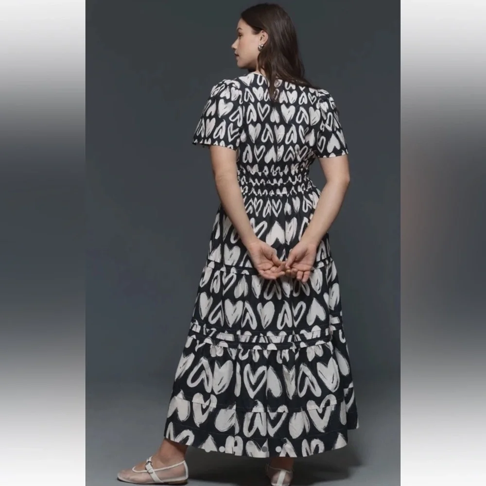 Anthropologie The Somerset Maxi Dress Smocked Heart Edition Poplin Black White - Picture 5 of 7